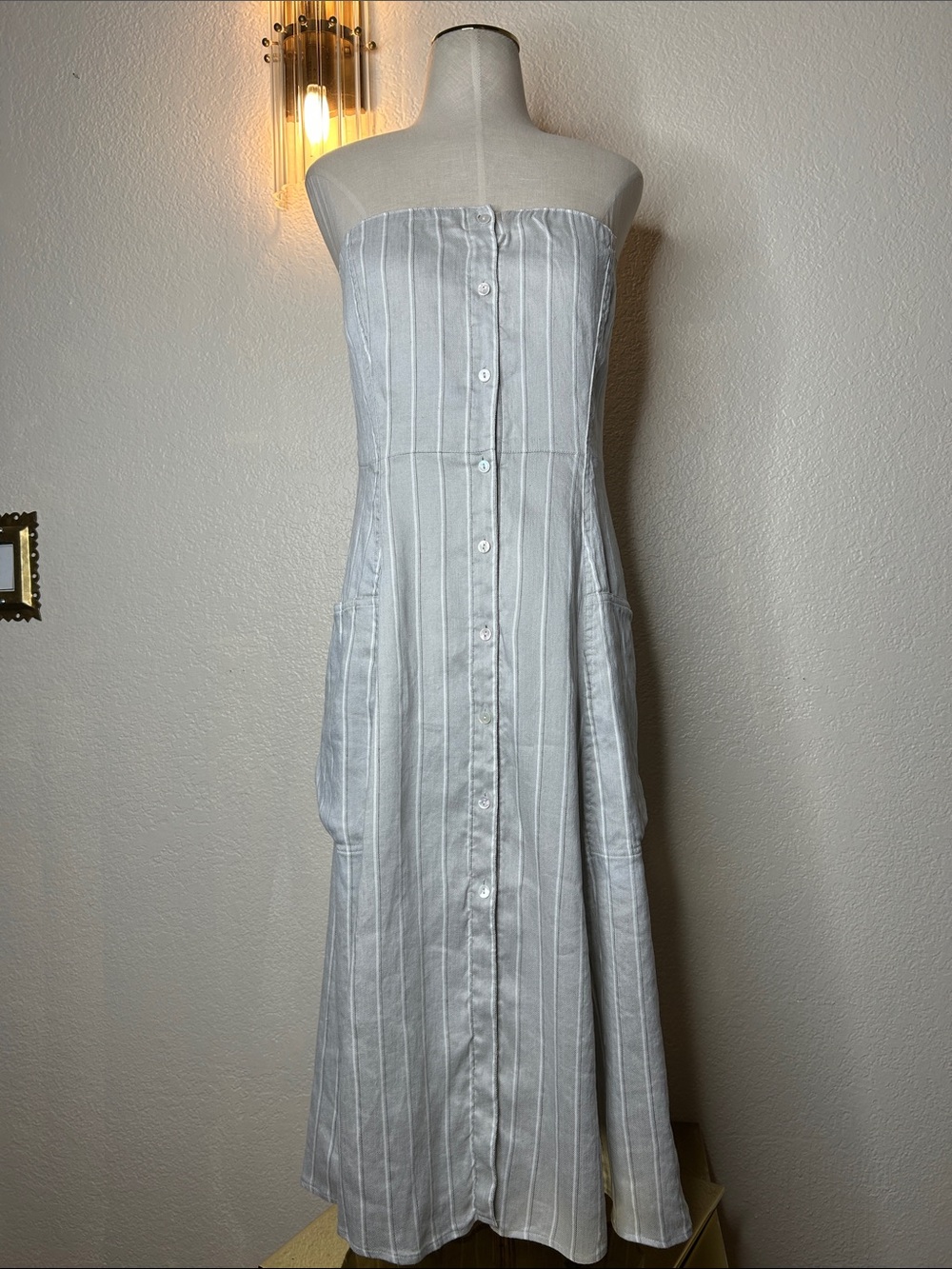 Theory Linen Strapless Light Gray Pinstripe Dress